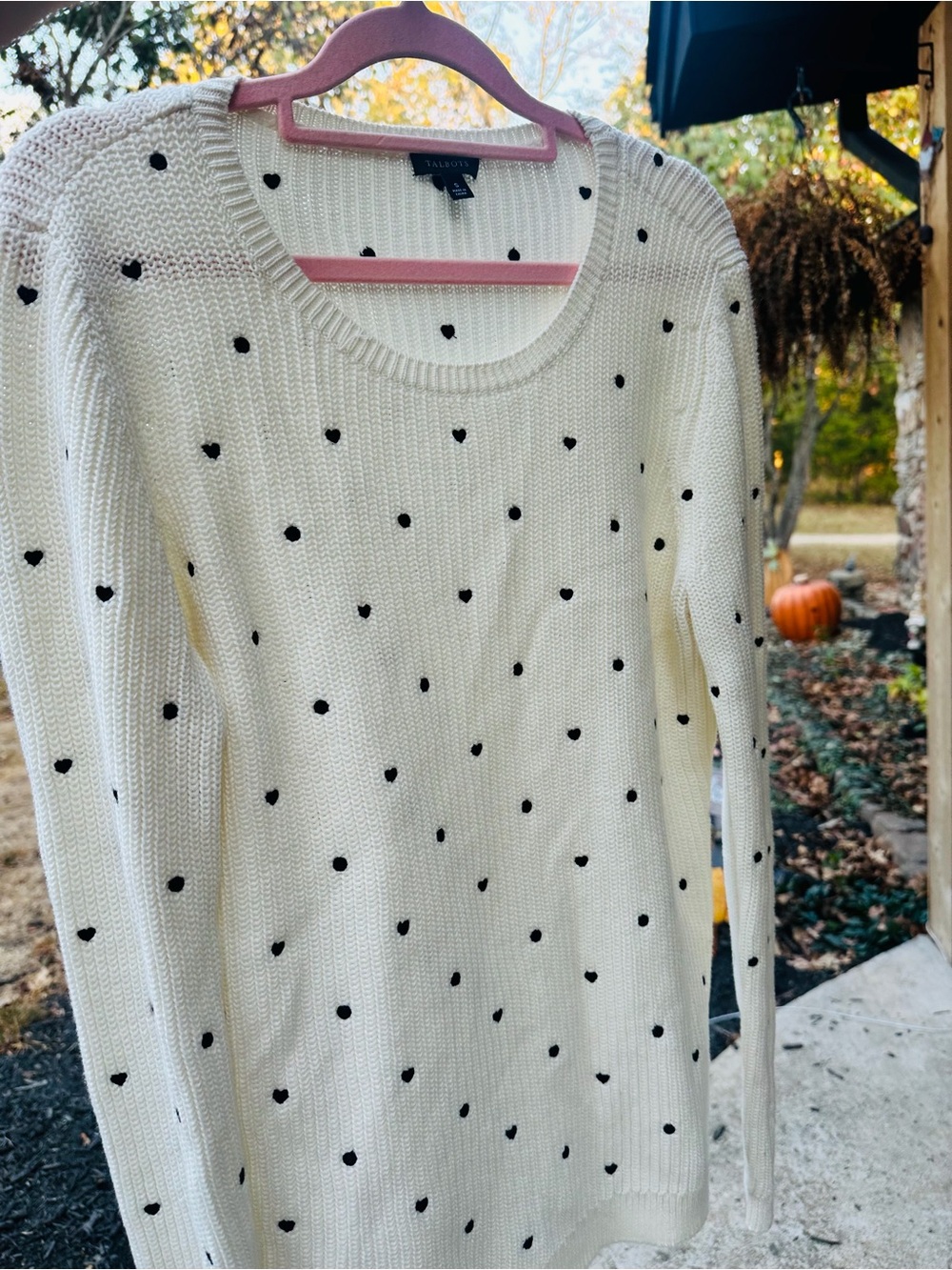 Talbots Heart Sweater Womens S Ivory Cream Black Knit Preppy Cute